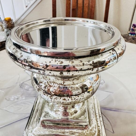 Pottery Barn Antique Mercury Glass Pillar Candle Holder 7"x 4 3/4” Small Mint - Picture 3 of 9